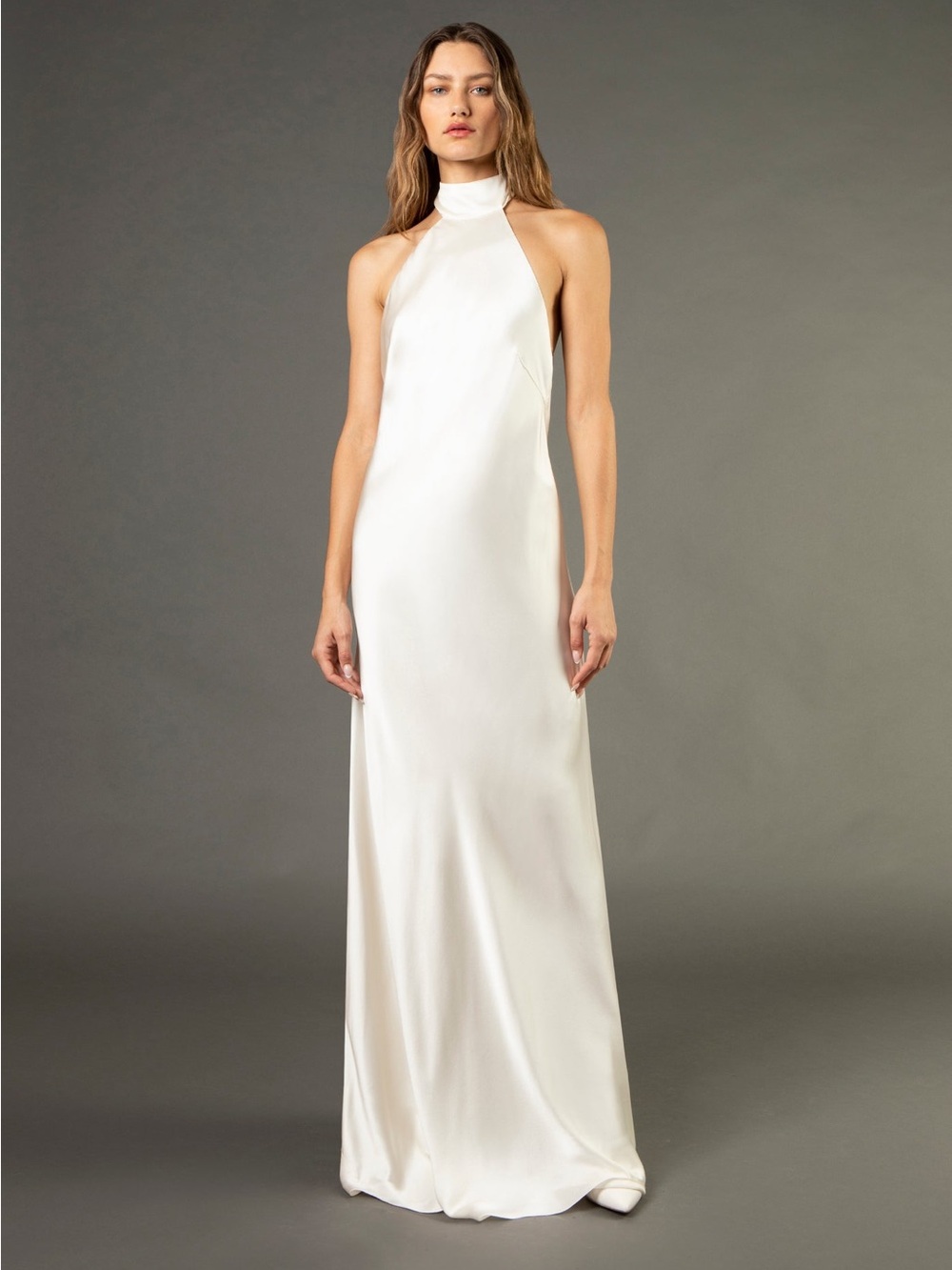 Michelle Mason High-Neck Ivory Satin Evening Gown